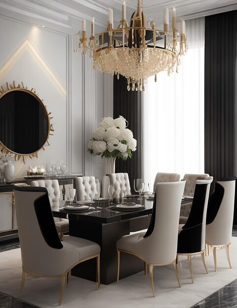 Rendu 3d moderne salle à manger et salon avec décor de luxe