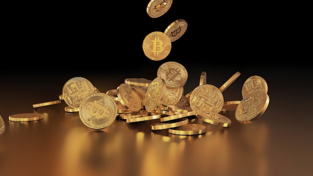 Rendu 3D monnaie Bitcoin, monnaie crypto, tombant sur une pile