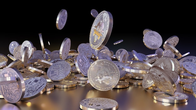 Rendu 3D monnaie Bitcoin, monnaie crypto, tombant sur une pile