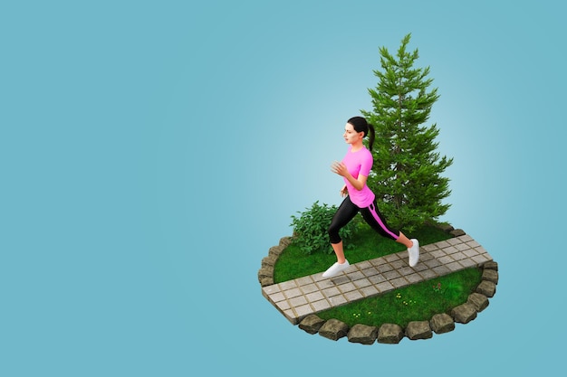 Rendu 3D Monter les jeunes femmes en rose courant dans un parc Concept de jogging et de course Vue de dessus