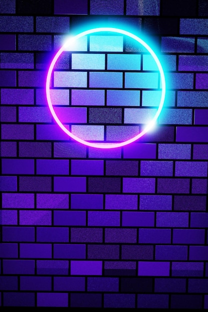 Rendu 3D montrant des néons violets sur fond abstrait de mur de brique