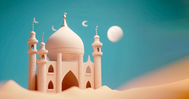 Rendu 3d de la mosquée d'argile miniature pour le fond de la fête islamique