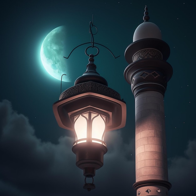 Rendu 3D d'une mosquée ramadan kareem avec la lune