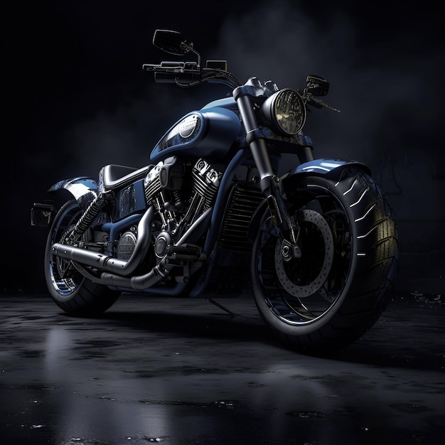 Un rendu 3D d'une moto chopper bleue sur un fond sombre
