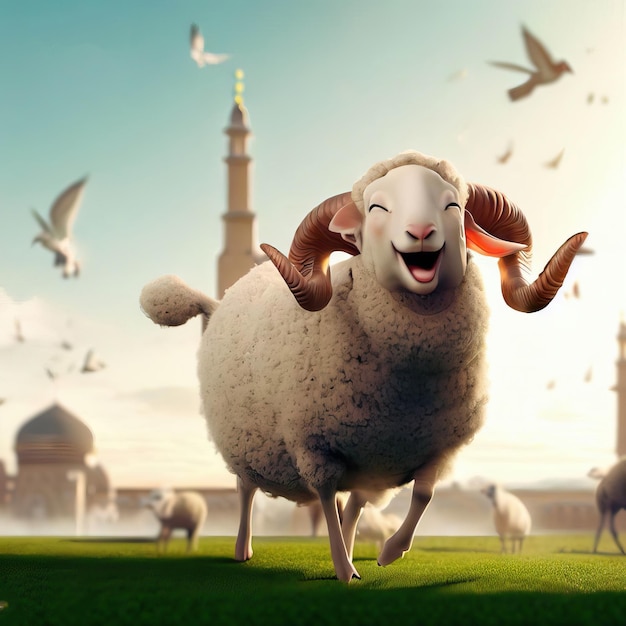 Rendu 3D d'un mouton heureux célébrant la fête de l'Aïd Al Adha