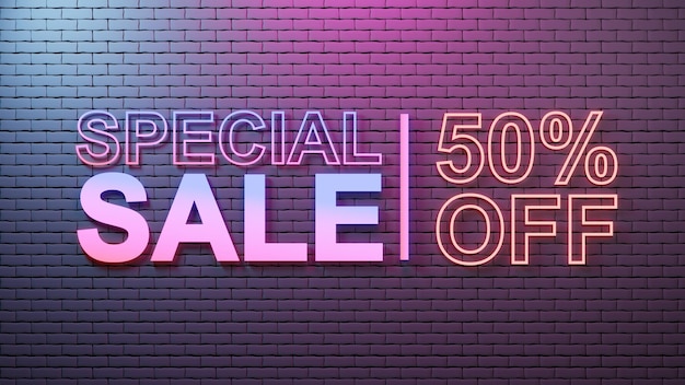 Rendu 3d néon vente spéciale 50 pour cent de réduction sur la promotion de la vente sur le mur de briques