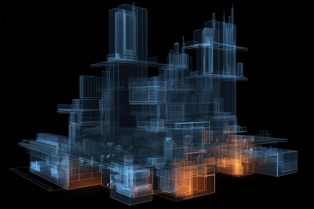 Le rendu 3D noir isolé révèle une vue aux rayons X de la structure architecturale