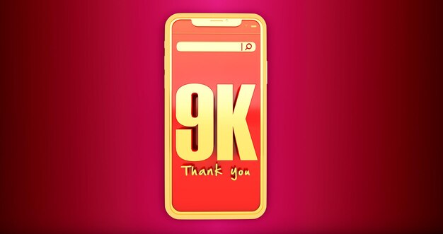 Rendu 3D de nombres dorés 9k au-dessus d'un smartphone. Merci aux supporters des réseaux sociaux 9k.