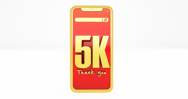 Rendu 3D de nombres d'or 5k au-dessus d'un smartphone. Merci aux supporters des médias sociaux 5k.