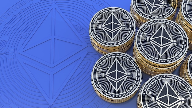 Rendu 3D de nombreuses piles de pièces d'or et de noir Ethereum sur fond bleu