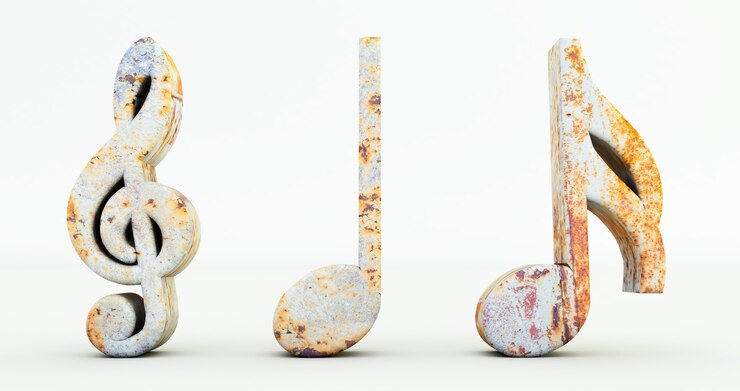 Photo rendu 3d de notes de musique isolé sur fond blanc, symbole de note de musique en métal rouillé