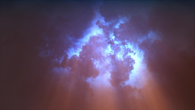 Photo rendu 3d de nuages d'orage avec des éclairs lumineux