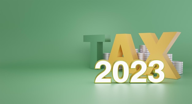 rendu 3d numéro 2023 avec pile de pièces d'argent texte TAX sur fond vert taxe en 2023 espace de copie de concept de l'année