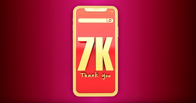 Rendu 3D de numéros dorés 7k au-dessus d'un smartphone. Merci aux supporters des réseaux sociaux 7k.