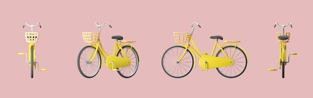 Photo rendu 3d objet vintage vélo jaune sur fond rose avec