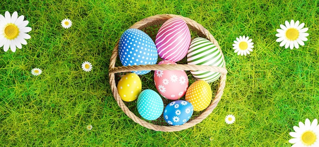 Rendu 3d d'oeufs de pâques dans le panier sur fond de champ d'herbe.