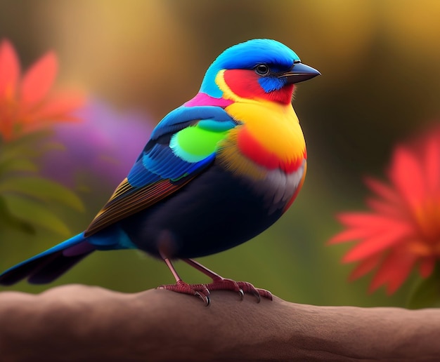 Rendu 3D d'un oiseau coloré sur un fond de beauté naturelle