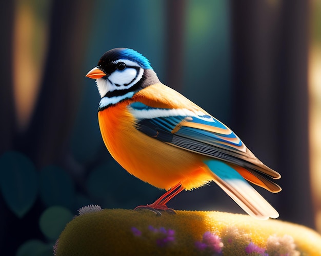 Rendu 3D d'un oiseau coloré sur un fond de nature