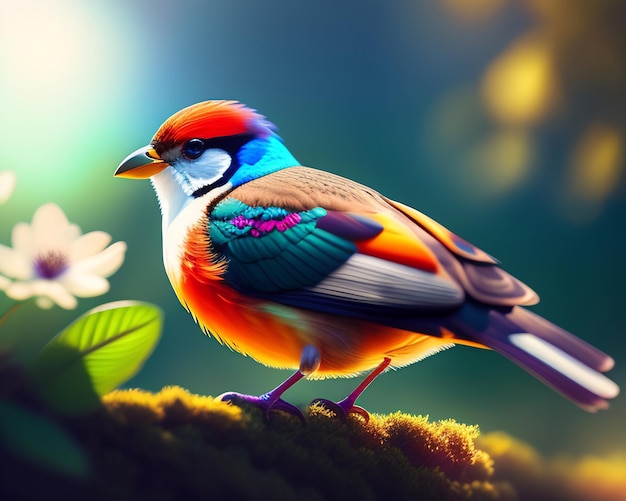 Rendu 3D d'un oiseau coloré sur un fond de nature