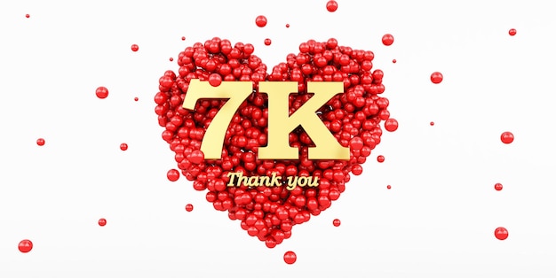 Rendu 3D d'un or 7000 followers merci isolé sur fond blanc 3k coeur rouge et boule de ballons rouges