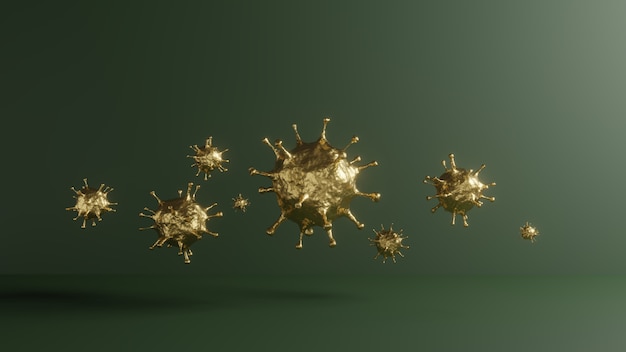 Photo rendu 3d d'or covid-19. conceptuel du virus pandémique épidémique pour la recherche sur les vaccins médicaux. grossissement microscopique du virus corona vert, 2019-ncov