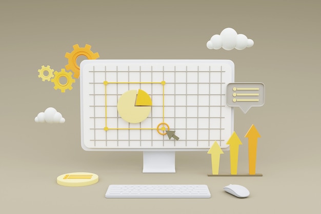 Rendu 3D de l'ordinateur montrant le développement web avec des formes 3D, camembert, graphique à barres, infographie.