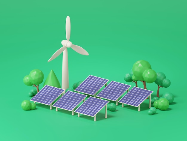 Rendu 3D de panneaux solaires et éolienne