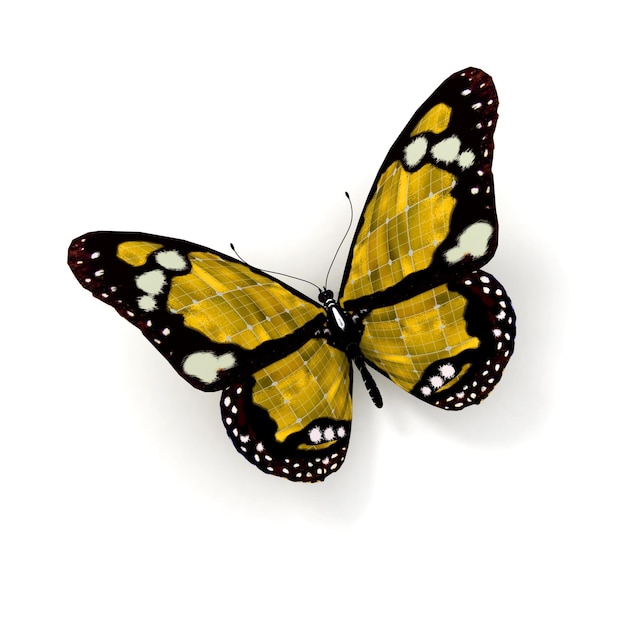 Rendu 3D d'un papillon jaune avec texture de panneau solaire