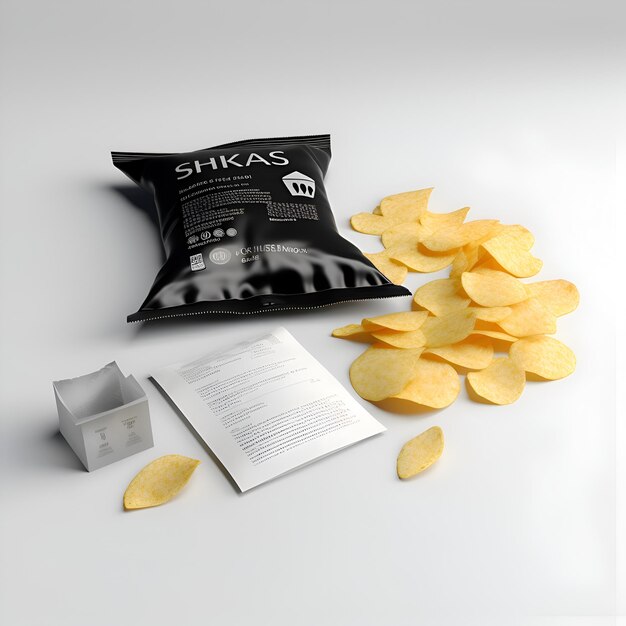 Photo rendu 3d d'un paquet de chips de pomme de terre et d'un journal