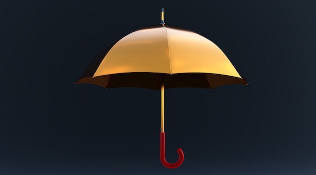 Rendu 3D d'un parapluie doré isolé sur fond noir