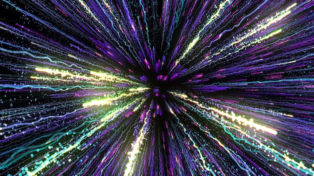 Le rendu 3D de particules multicolores lumineuses remplit l'espace de jets d'énergie et de lumière