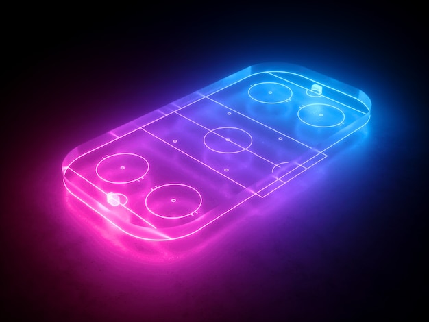 Rendu 3D de la patinoire de hockey au néon vue d'angle de vue aire de jeu sportive virtuelle