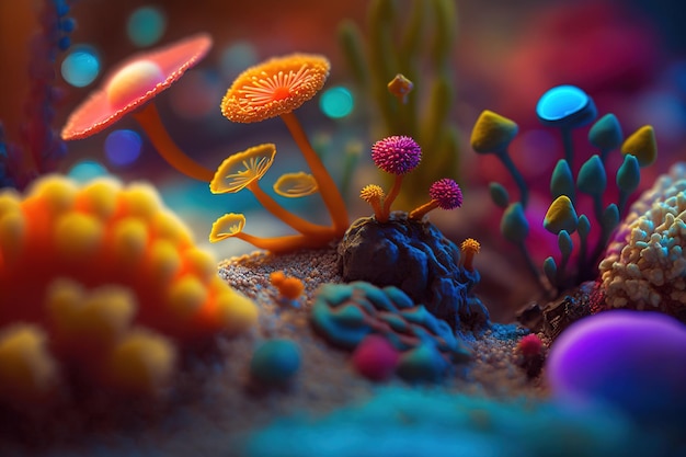 Un rendu 3d d'un paysage fantastique coloré avec un champignon et quelques autres champignons.