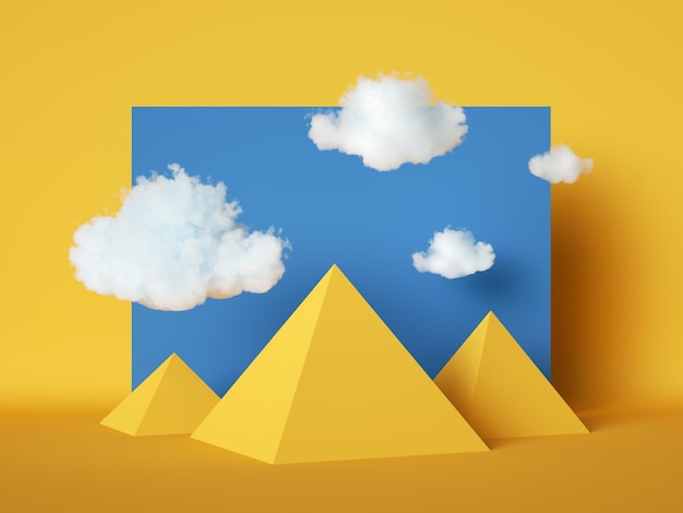 rendu 3d paysage géométrique abstrait simple dessin animé pyramides jaunes et nuages blancs dans le ciel bleu