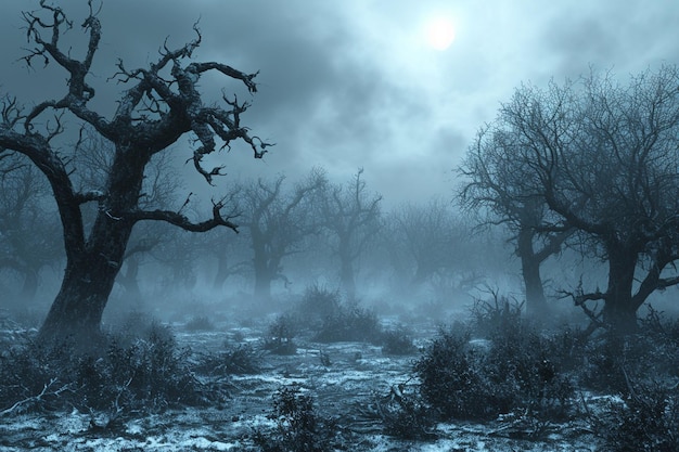 Rendu 3D d'un paysage d'Halloween avec une forêt brumeuse effrayante