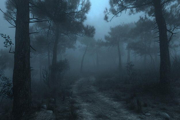 Rendu 3D d'un paysage d'Halloween avec une forêt brumeuse effrayante