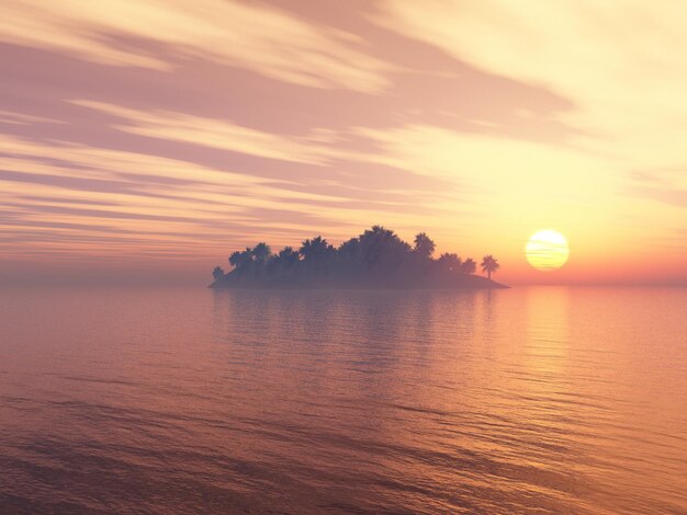 Rendu 3D d'un paysage d'île de palmiers contre un ciel coucher de soleil