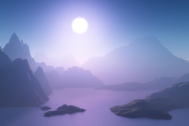 Rendu 3D d'un paysage de montagne contre un ciel coucher de soleil