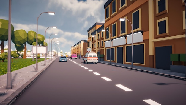 Rendu 3D Paysage de la rue de la vieille ville créé avec un ordinateur low poly