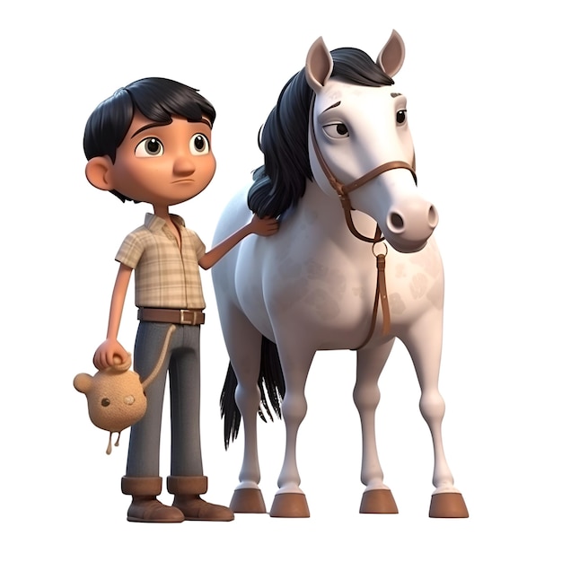 Rendu 3D d'un personnage de dessin animé avec un cheval et un garçon