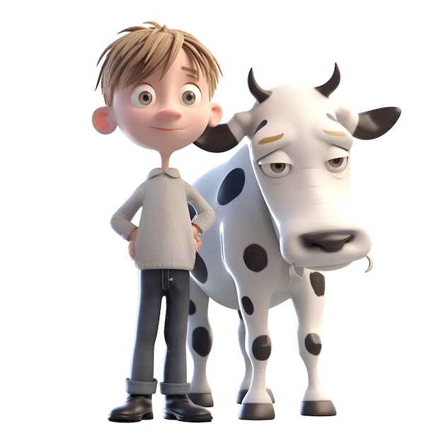 Rendu 3D d'un personnage de dessin animé avec une vache sur fond blanc