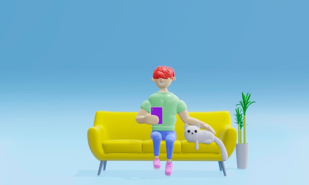 Rendu 3d personnage laid assis sur le canapé regarde le téléphone et caresse un chat très mignon