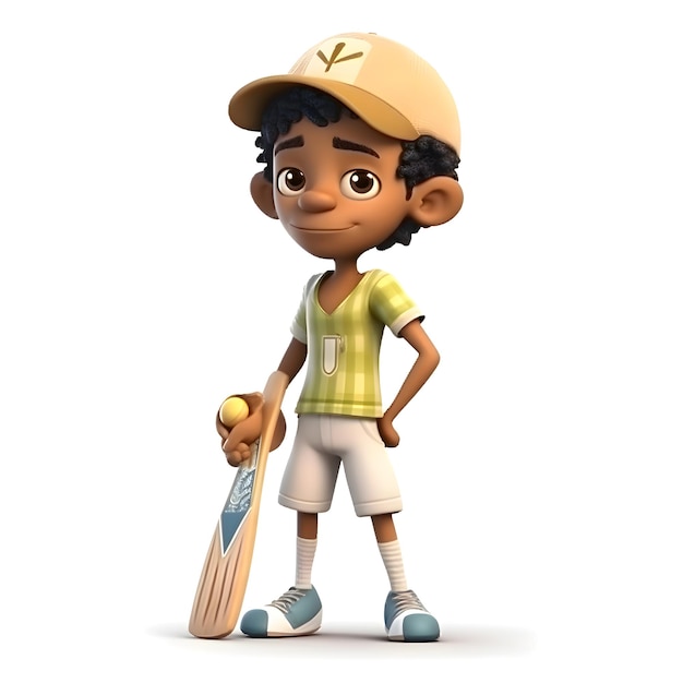 Rendu 3D d'un petit garçon afro-américain avec une batte de cricket