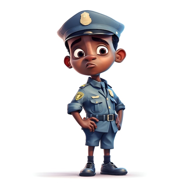 Rendu 3D d'un petit garçon afro-américain avec costume de policier