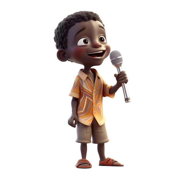 Rendu 3D d'un petit garçon afro-américain avec un microphone
