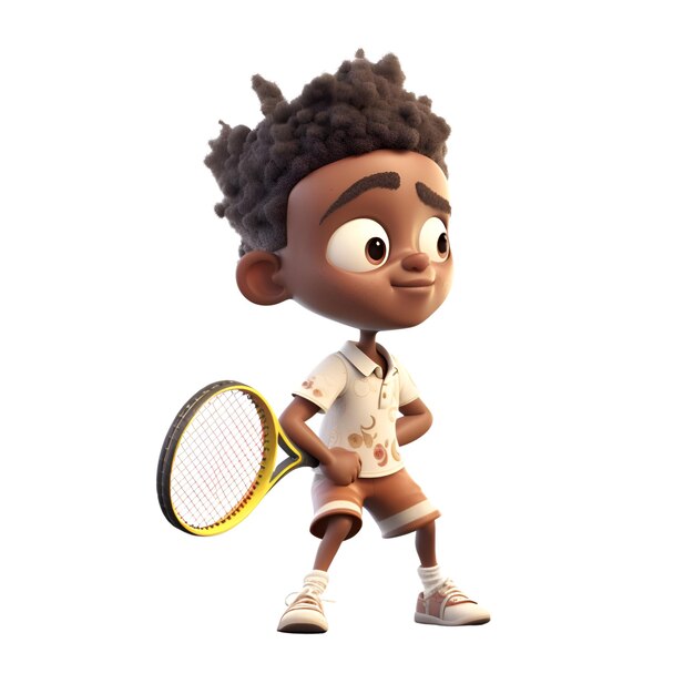 Photo rendu 3d d'un petit garçon afro-américain avec une raquette de tennis