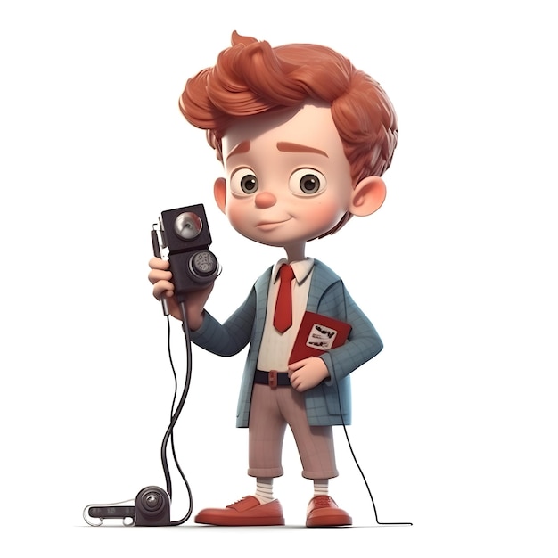 Rendu 3D d'un petit garçon avec appareil photo vintage sur fond blanc
