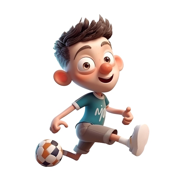 Rendu 3D d'un petit garçon avec ballon de soccer isolé sur fond blanc