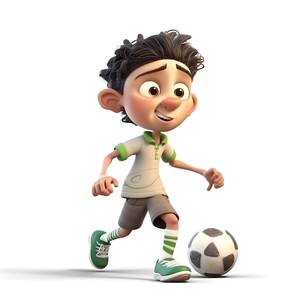 Rendu 3D d'un petit garçon avec ballon de soccer isolé sur fond blanc