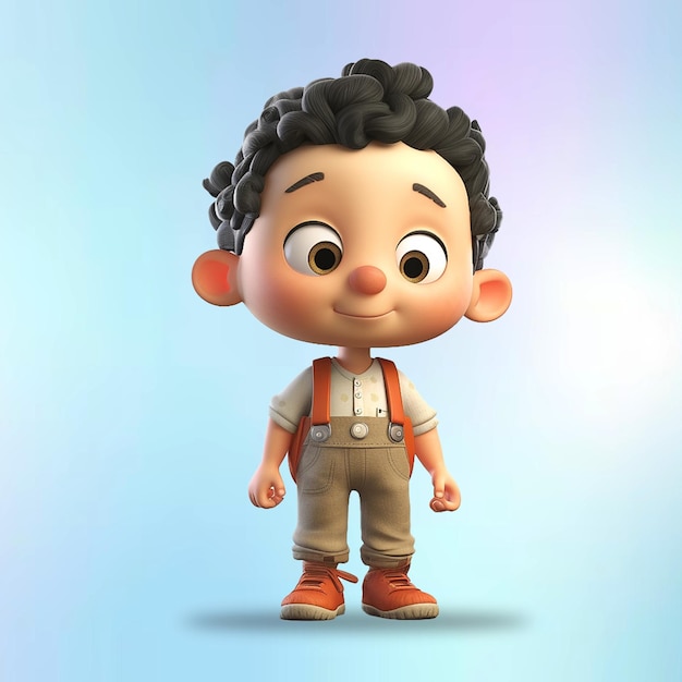 Rendu 3D d'un petit garçon avec des bretelles et des cheveux bruns